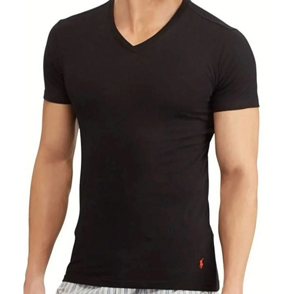 NEW Men's Ralph Lauren V-Neck T-Shirt 100% Cotton Black Bottom Red Pony Classic